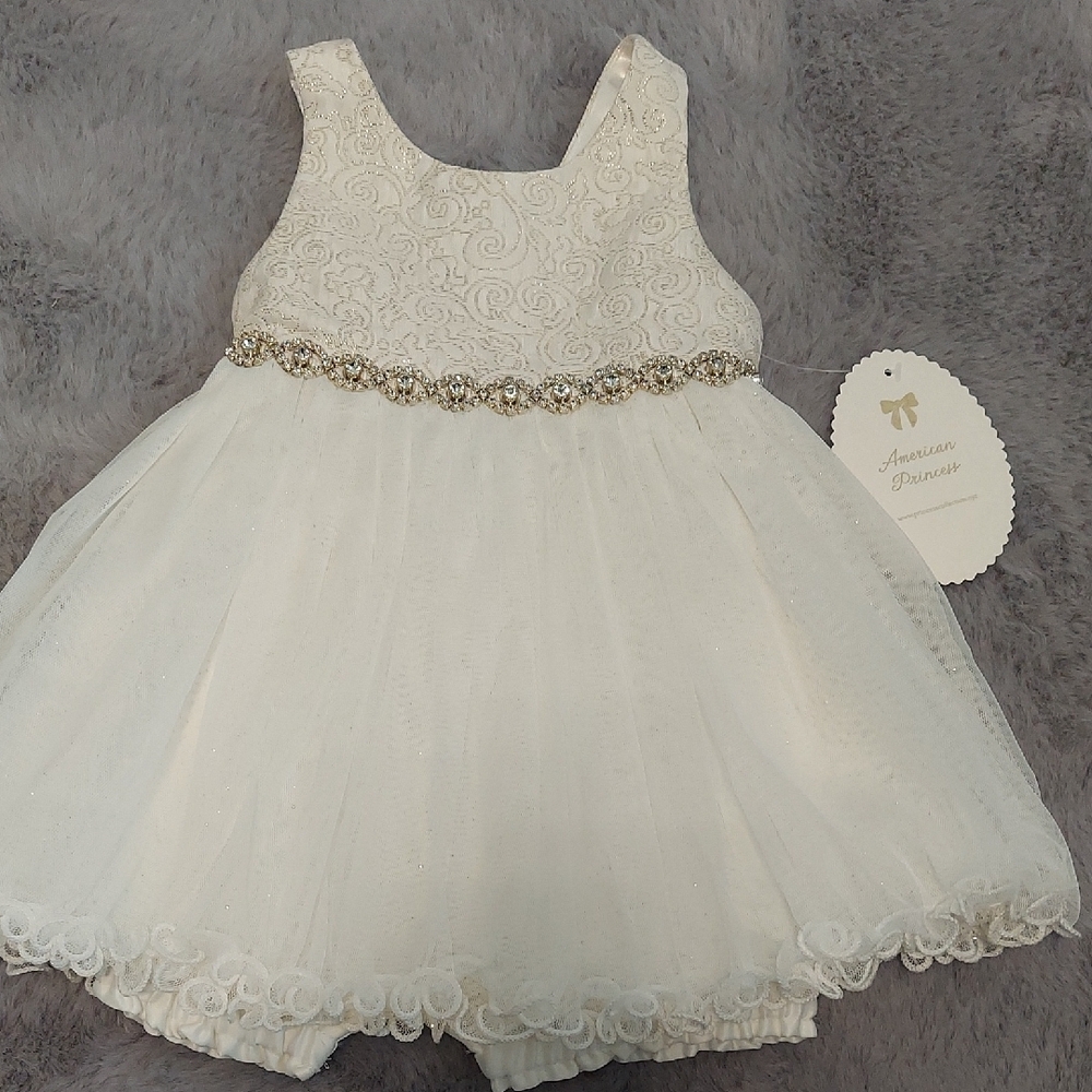 American Princess Ivory Baby Dress with Lace and Beading